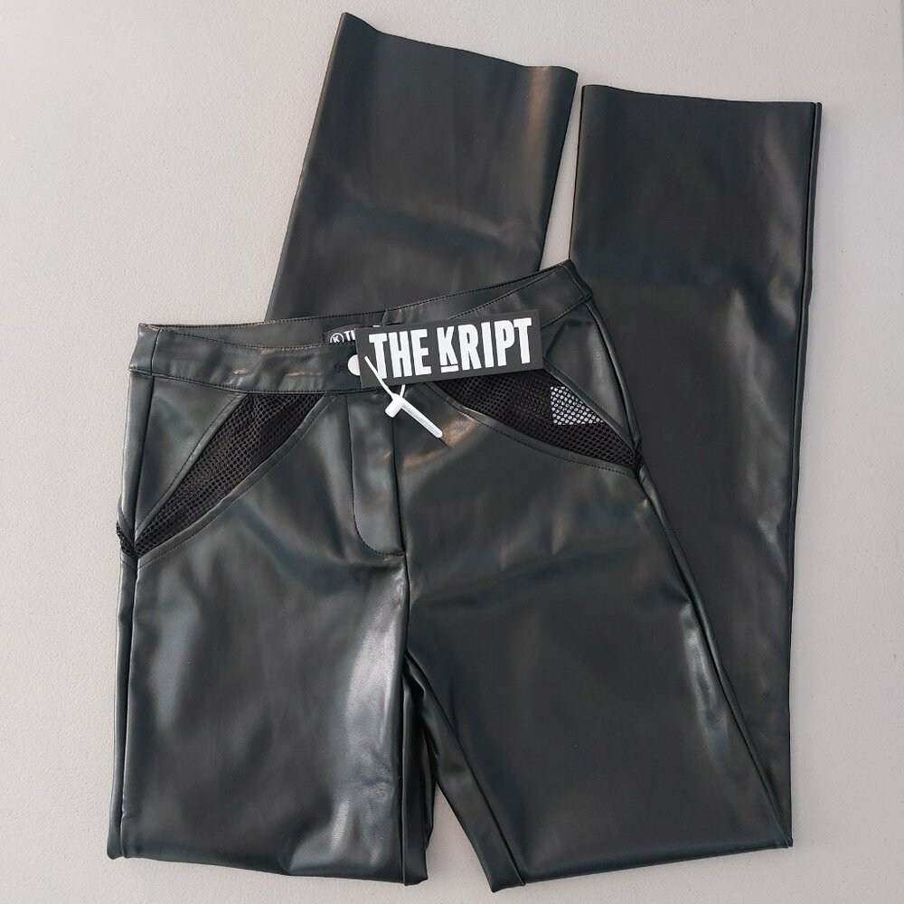 Dolls Kill Black Faux Leather Mesh Hip Cutout Pants Small NWT Slim Fit THE KRIPT